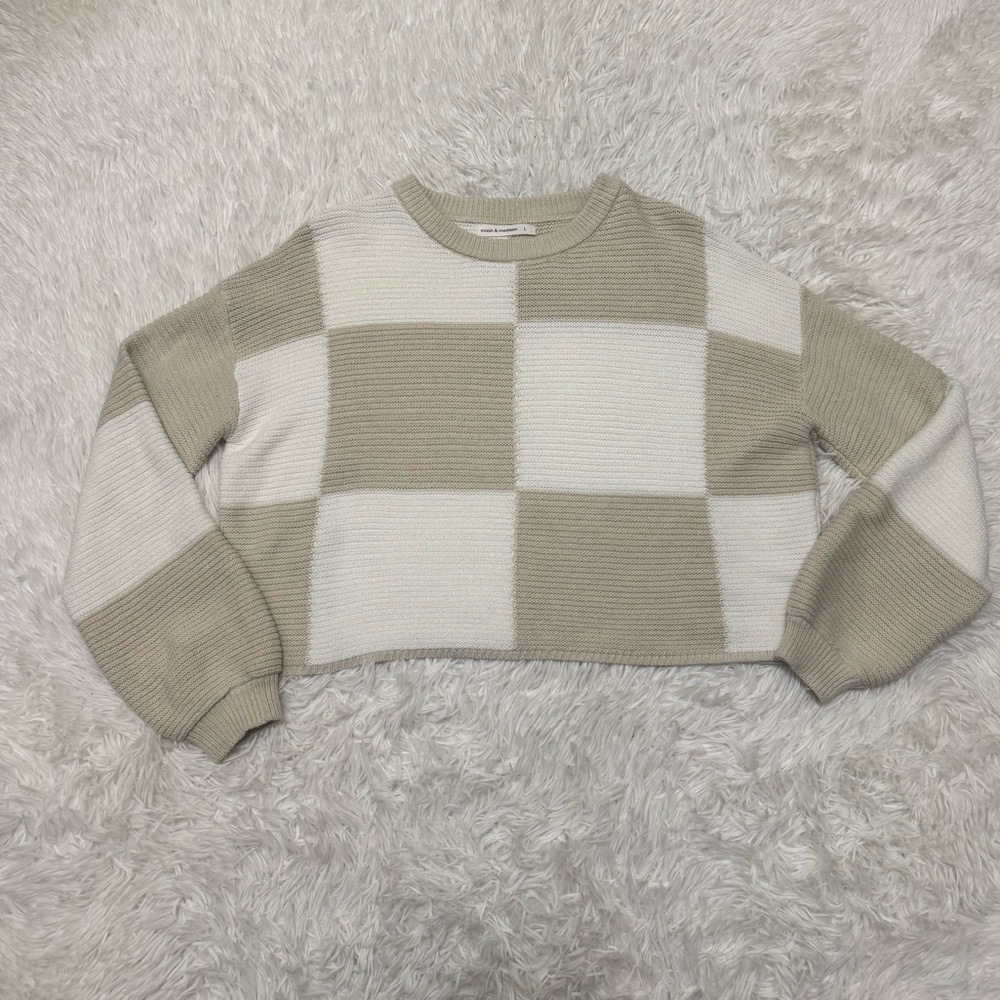 moon & madison Beige and White Checkered Sweater Neutrals Sweater